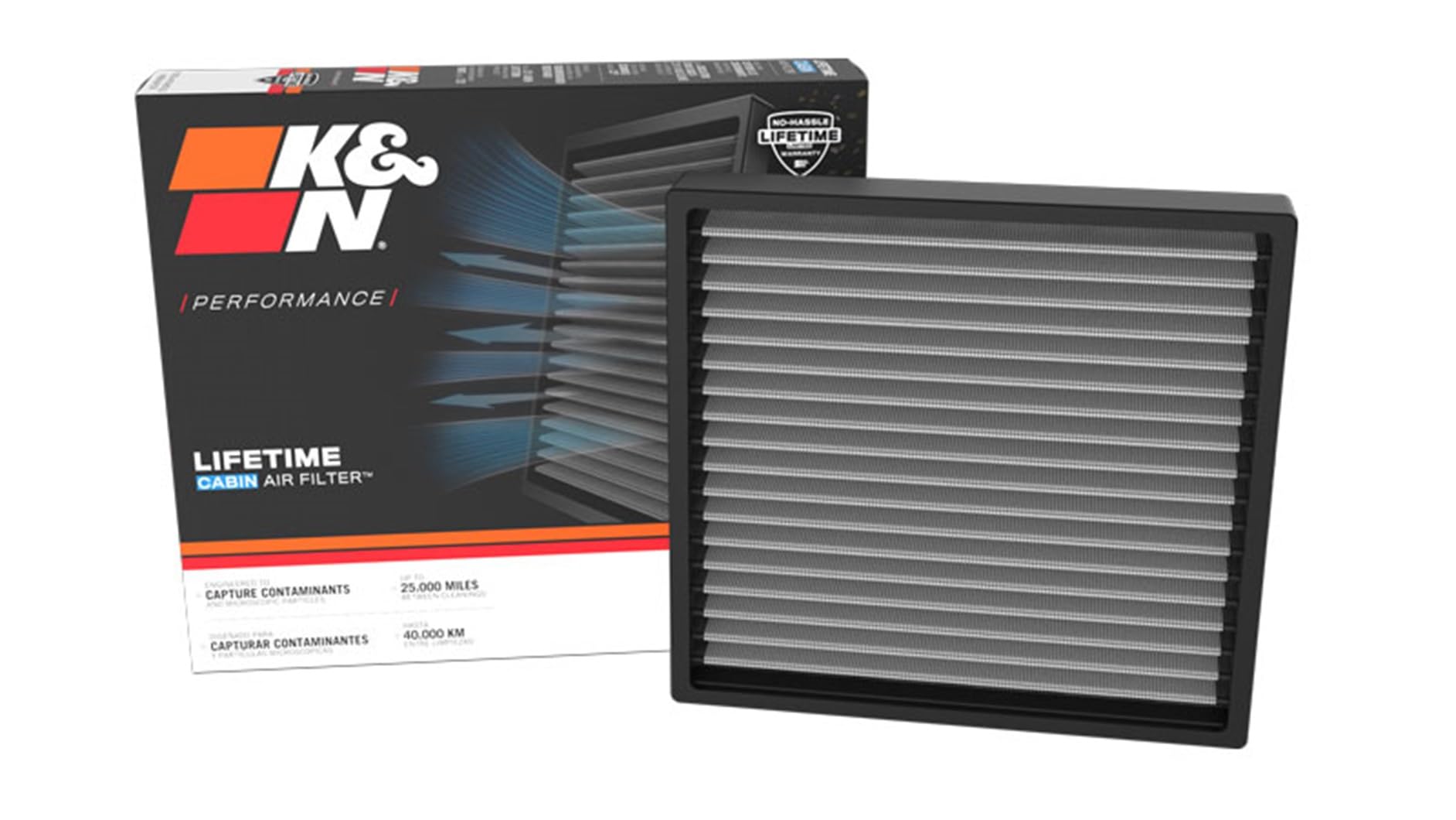 K&N lifetime cabin air filter packaging shows durable design and eco-friendly reuse.