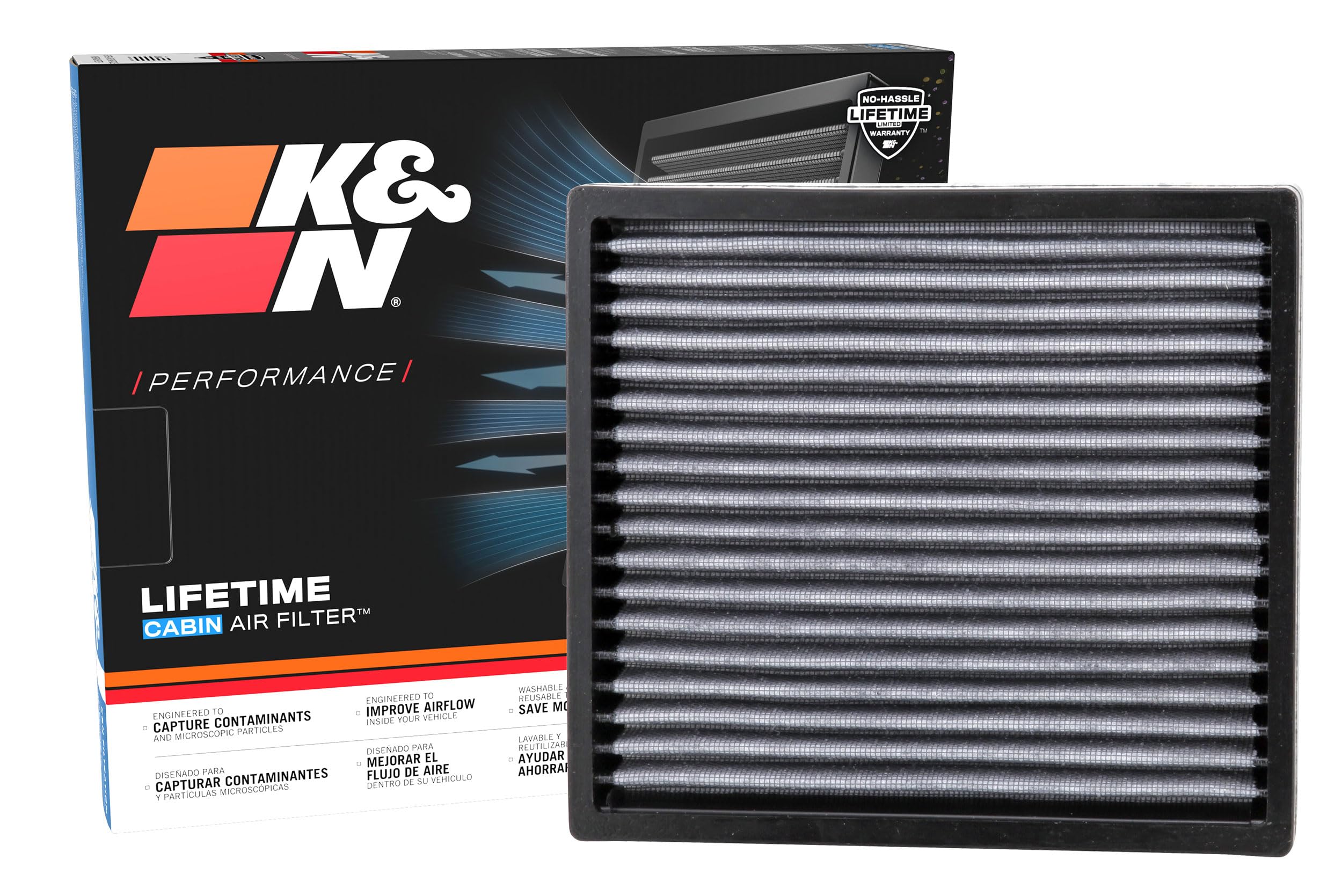 K&N Lifetime cabin filter packaging shows durable, eco-friendly replacement option.