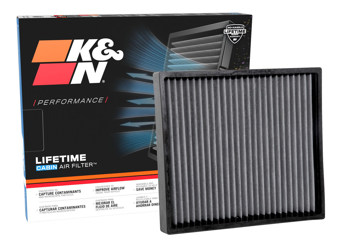 K&N Lifetime cabin filter packaging highlights reusable design and eco-friendly benefits.