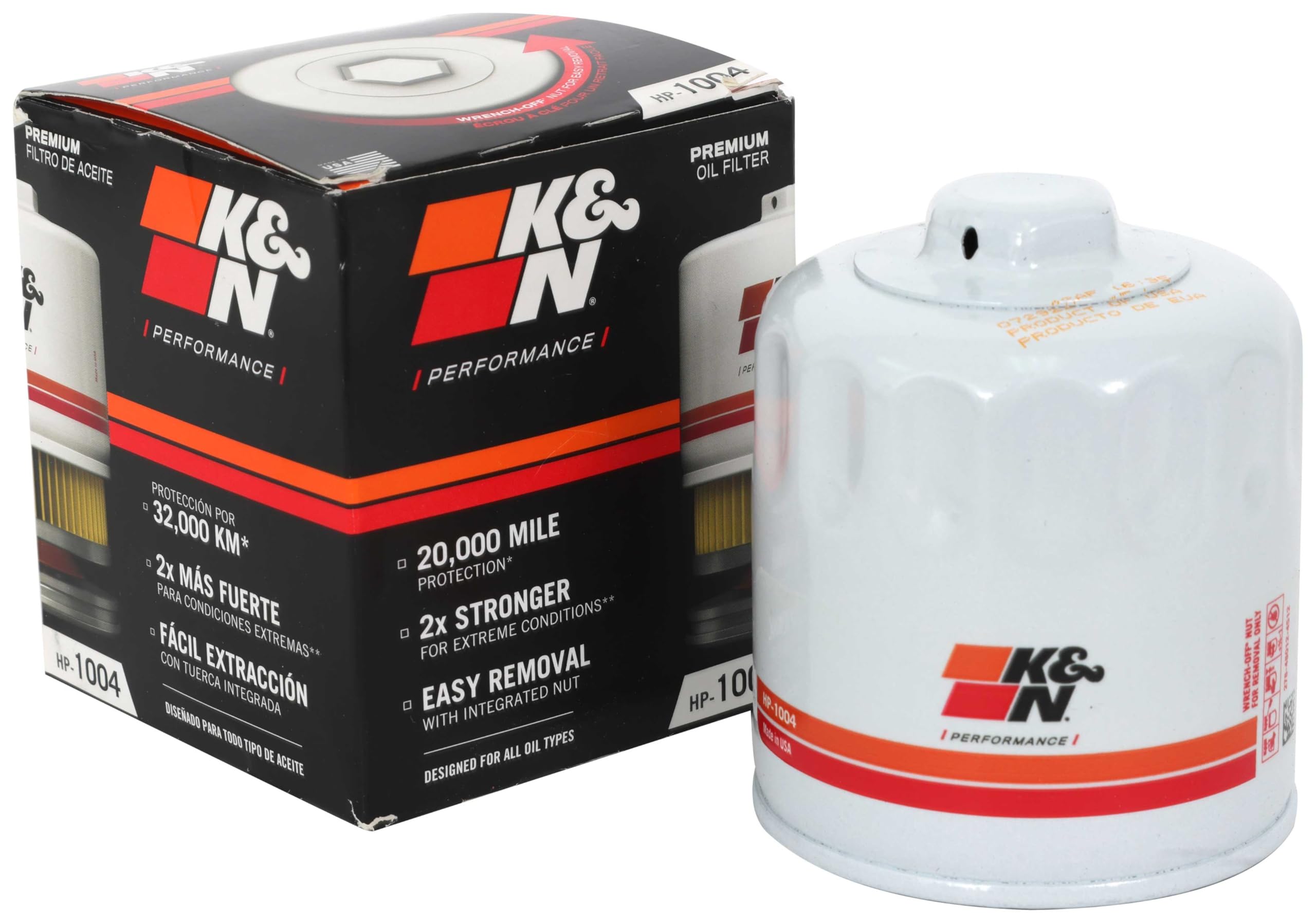 K and N Premium Oil Filter HP 1004 canister close-up shows rugged construction for engine protection