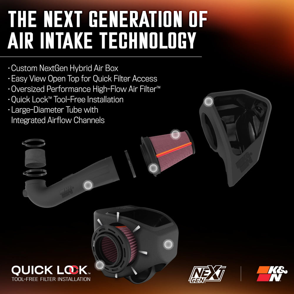K&N NextGen airbox enlarged inlet improves airflow and lowers intake temperatures.