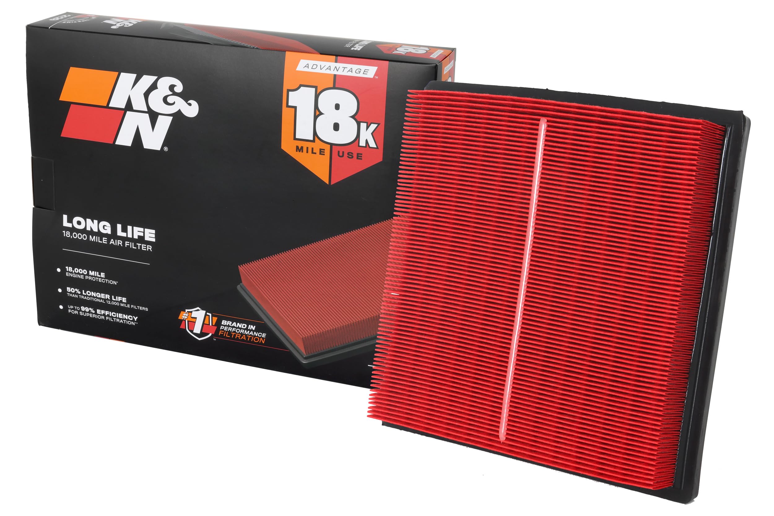 K&N performance air filter close-up with 18,000-mile life highlight.