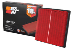 K&N performance air filter close-up with 18,000-mile life highlight.