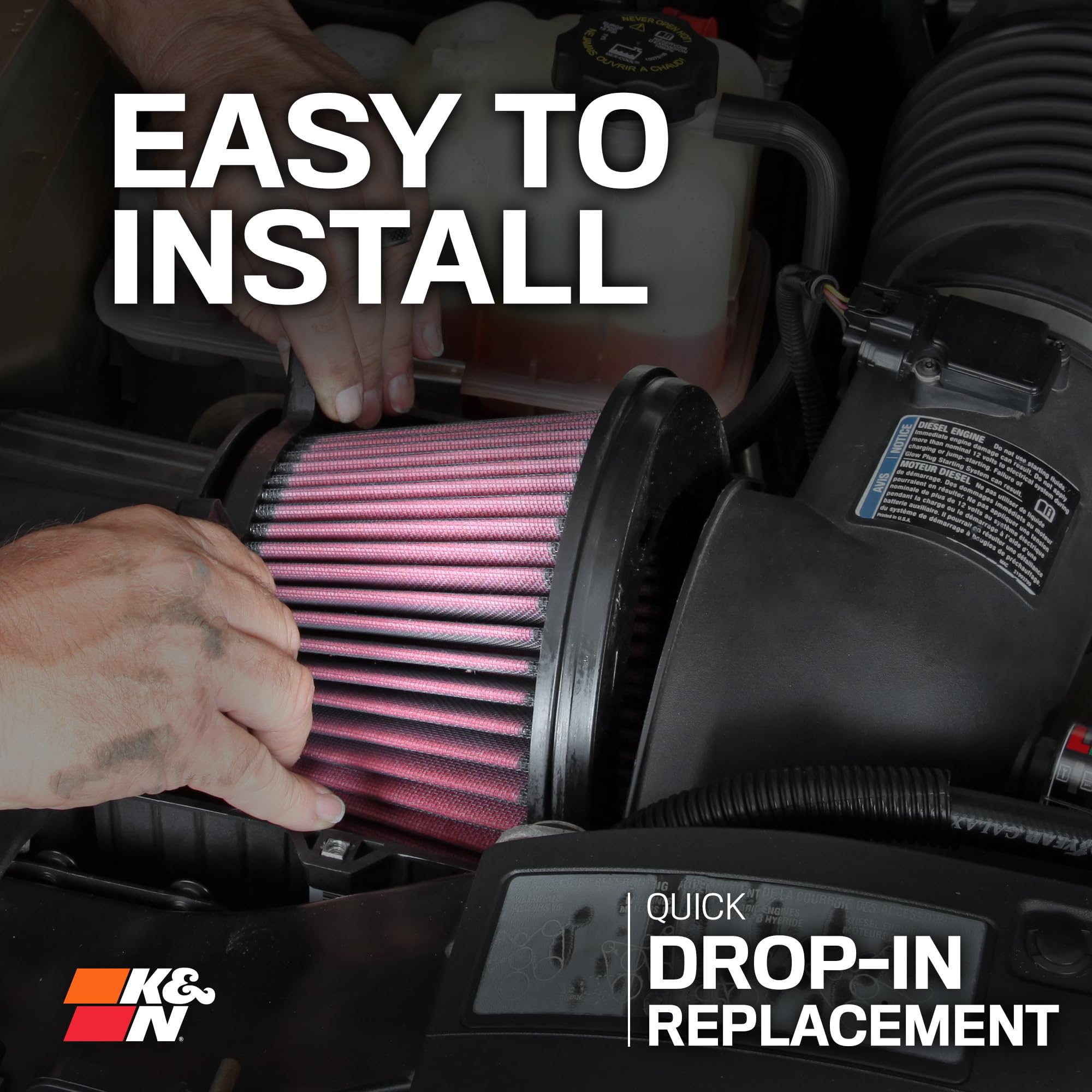 KN performance diesel high-flow air filter made-in-usa stamp conveys trusted quality and reliability