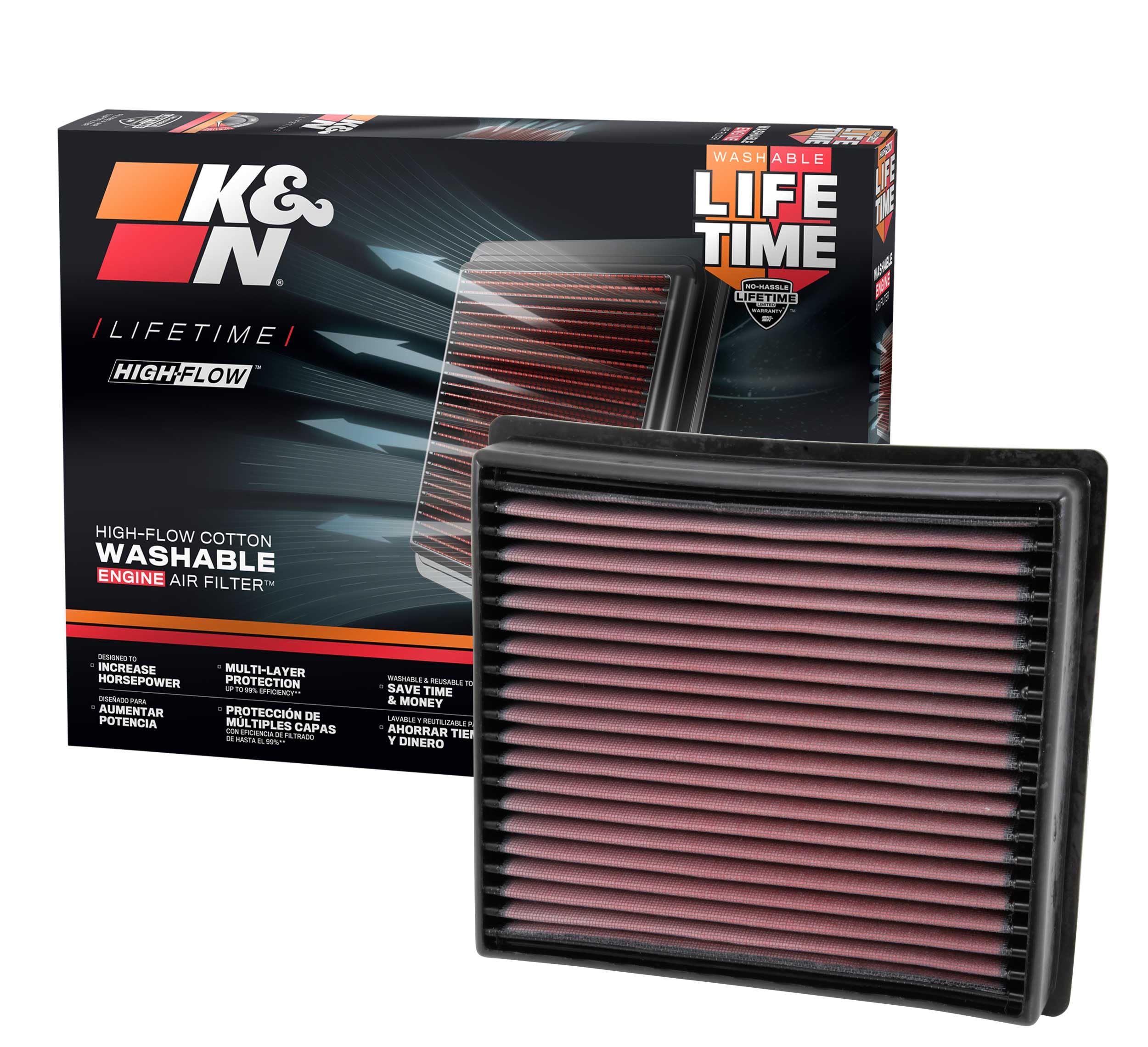 KN Performance diesel high-flow air filter installed in RAM 2500 engine bay improves airflow