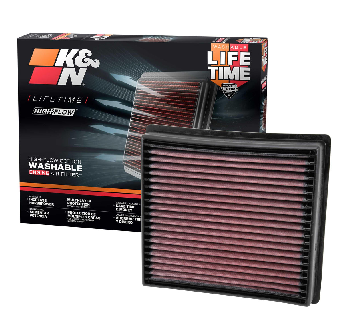 KN Performance diesel high-flow air filter installed in RAM 2500 engine bay improves airflow
