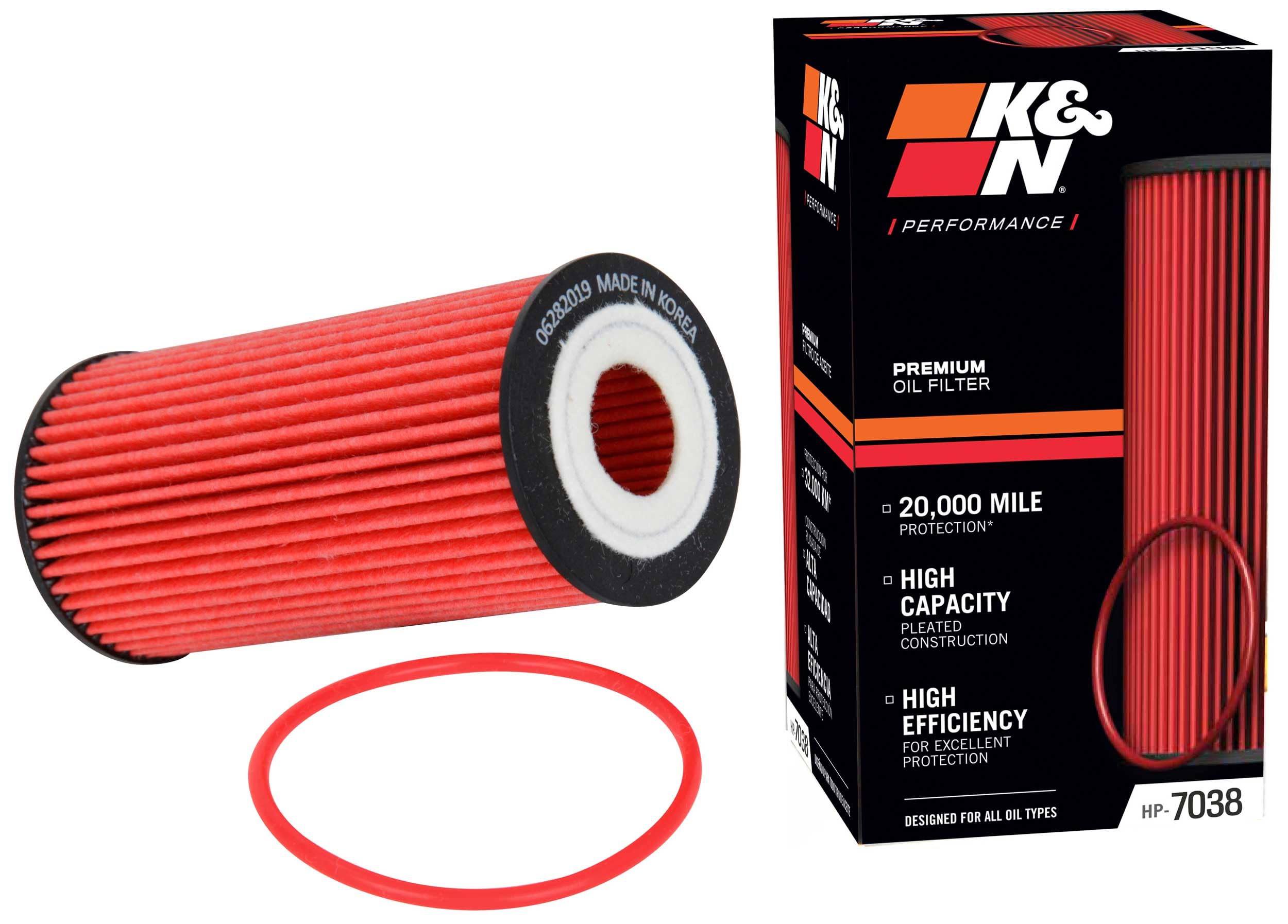 K&N premium oil filter canister shows rugged durability for engine protection.