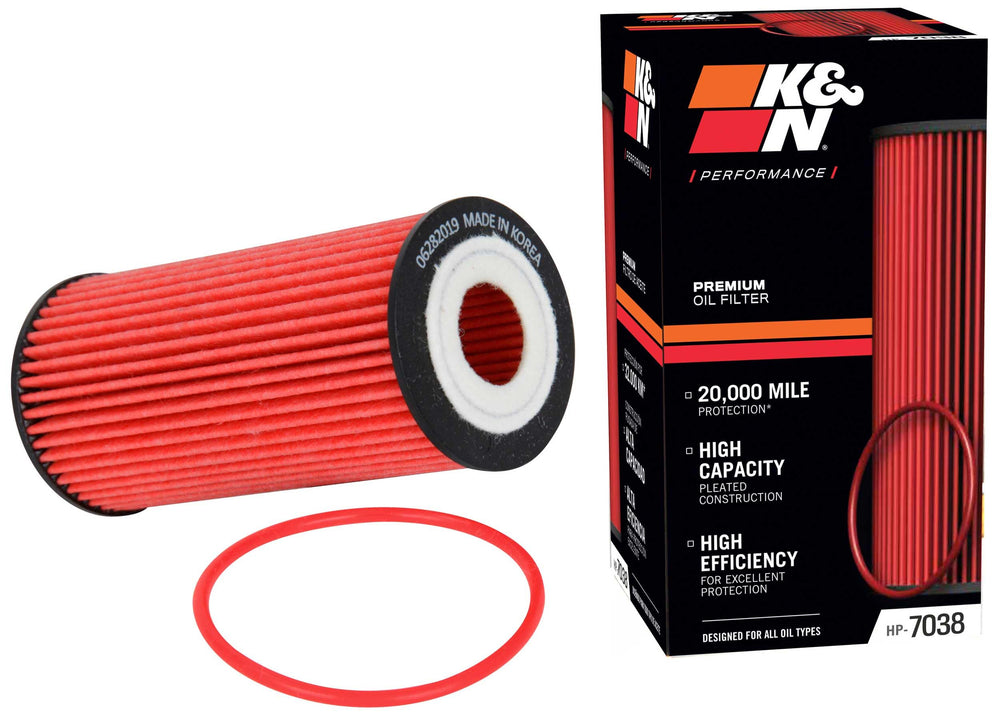 K&N premium oil filter canister shows rugged durability for engine protection.