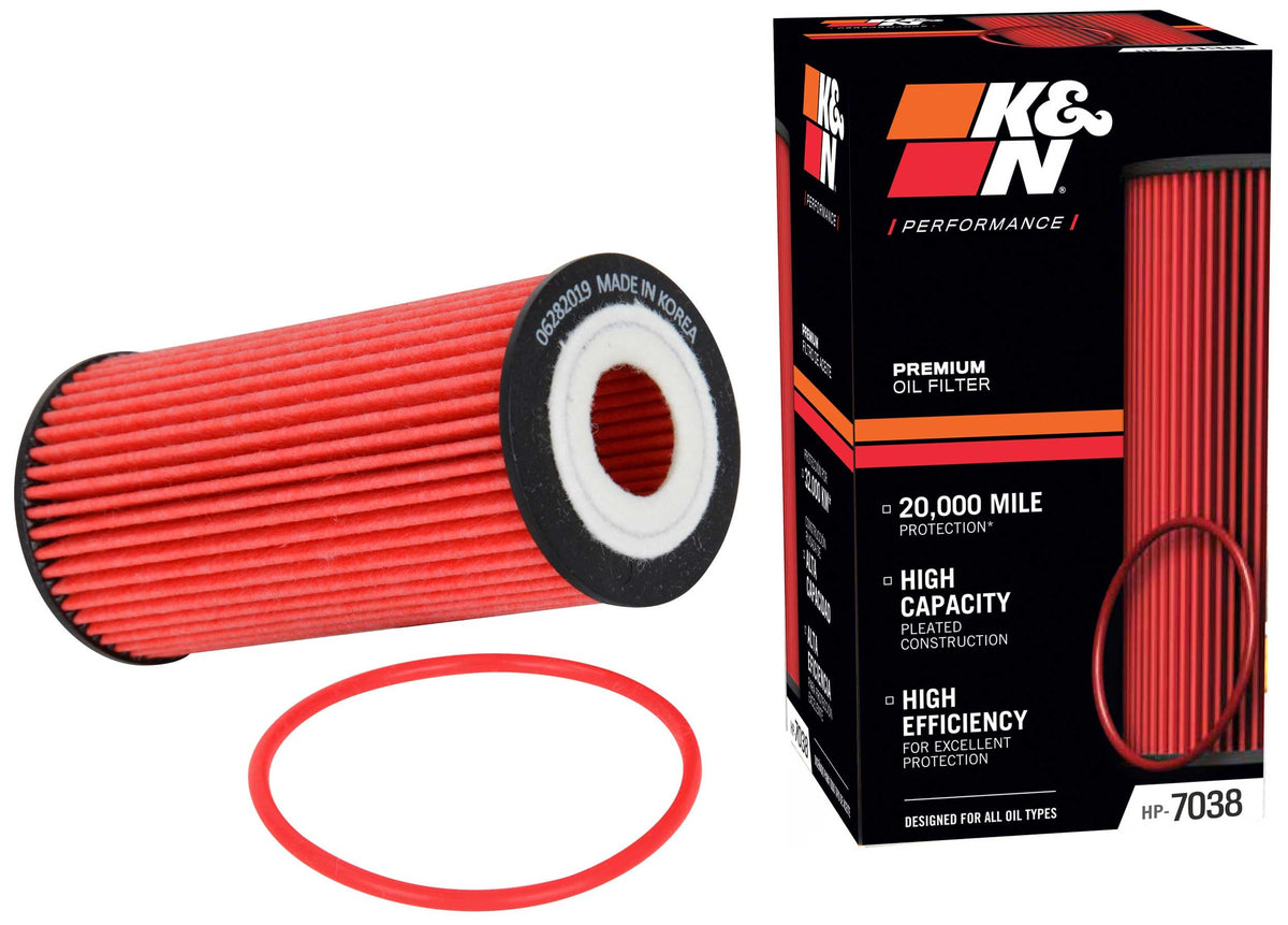 K&N premium oil filter canister shows rugged durability for engine protection.