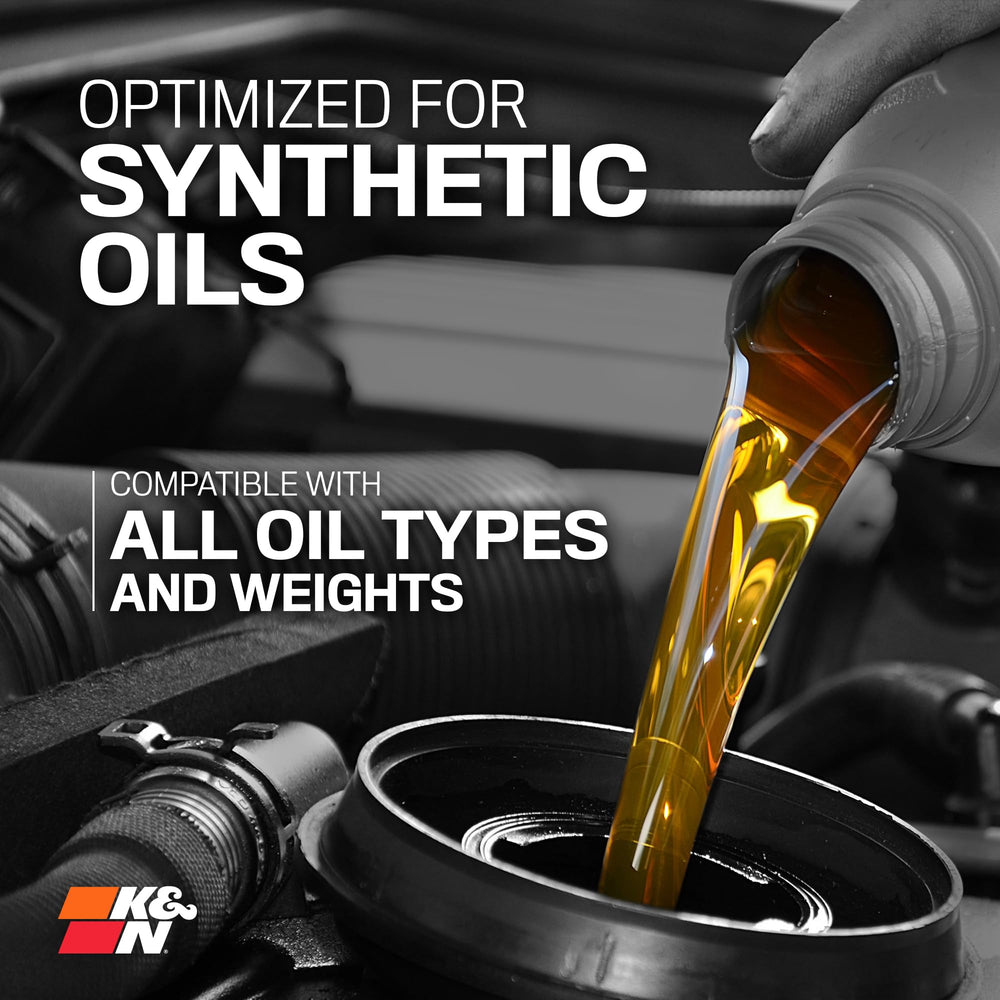 K&N premium oil filter compatible with synthetic, conventional, and blended oils.