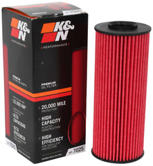 K&N HP-7025 premium oil filter, side view showcasing high-flow design for steady oil supply