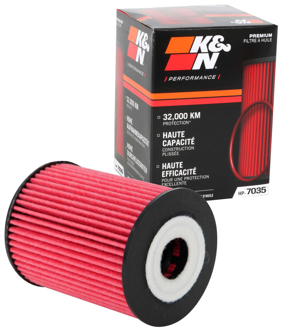 K&N Premium Oil Filter HP-7035 closeup highlighting high-flow filtration.