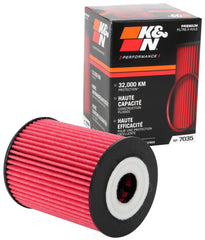 K&N Premium Oil Filter HP-7035 closeup highlighting high-flow filtration.