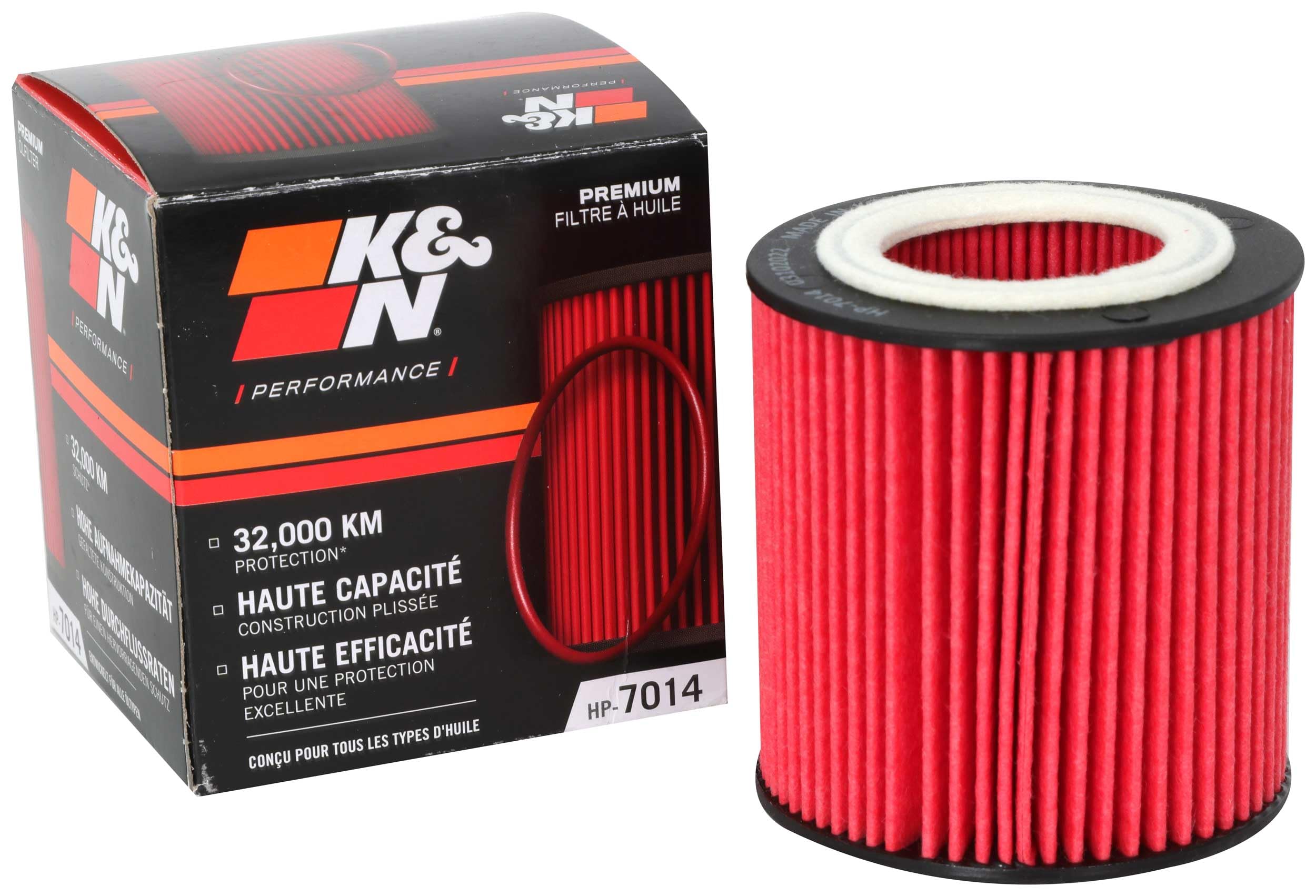 K&N Premium Oil Filter packaging highlights BMW compatibility and high-capacity protection.