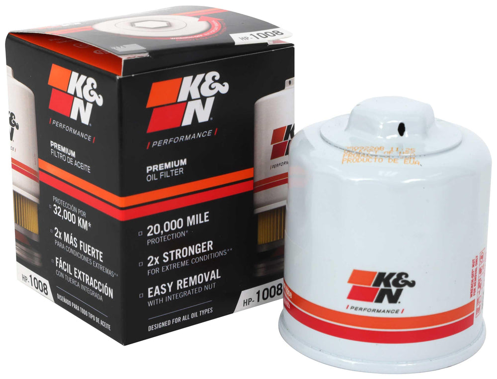 K&N premium oil filter close-up showing the wrench-off nut for quick removal.