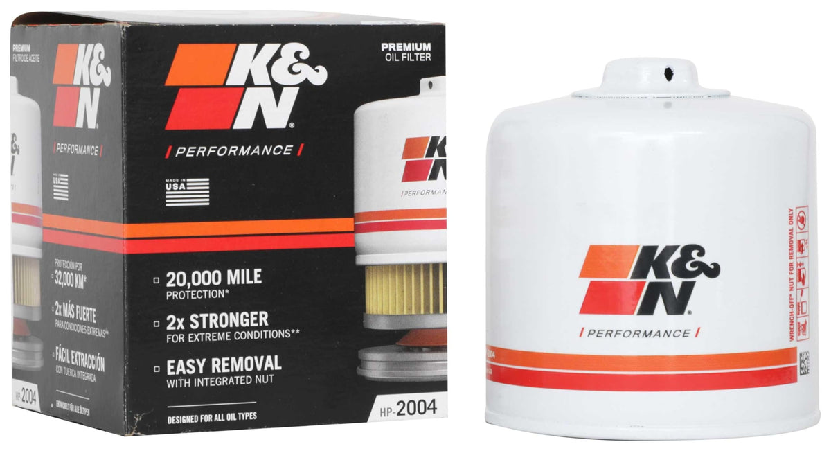K&N premium oil filter with wrench-off nut for quick maintenance.