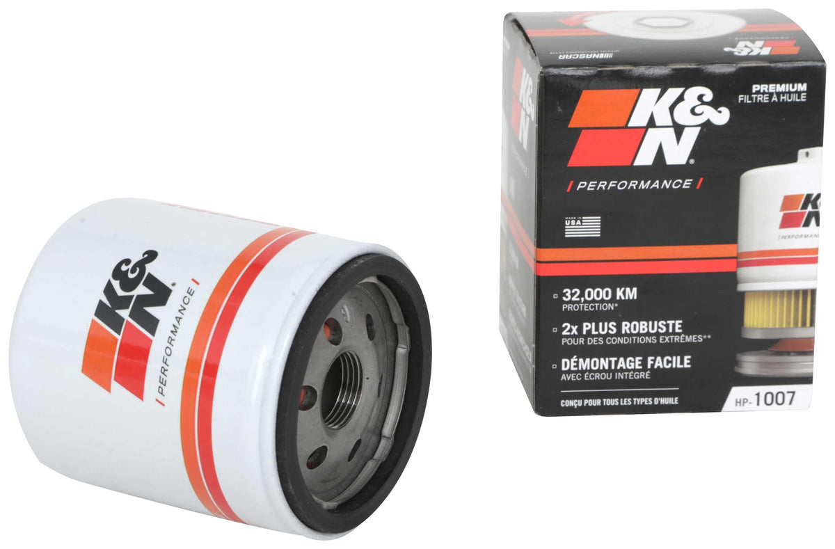 K&N premium oil filter with wrench-off nut for easy removal and quick maintenance.