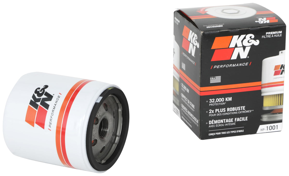 K&N premium oil filter with wrench-off nut for quick removal.
