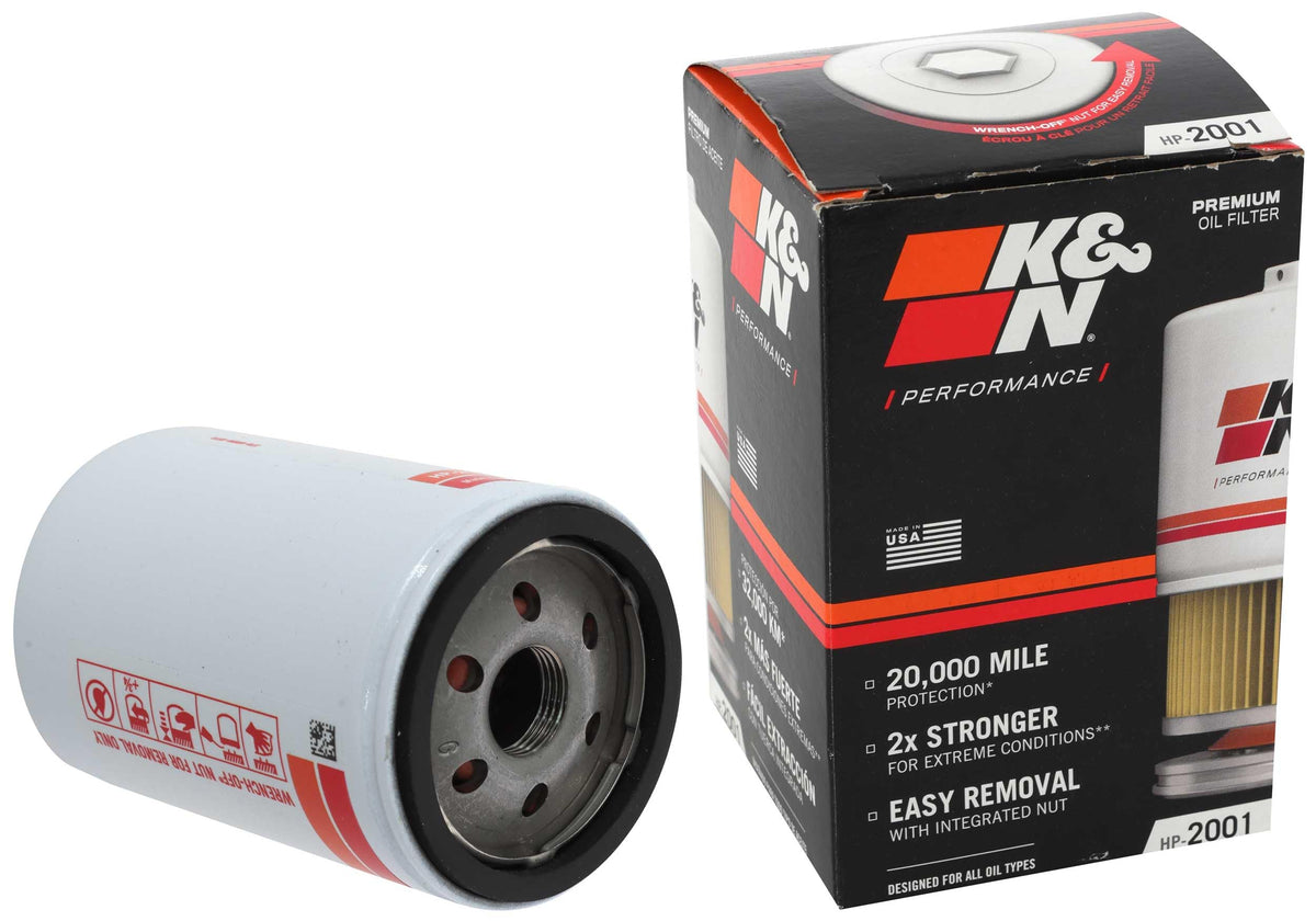 K&N premium oil filter with wrench-off nut for quick removal