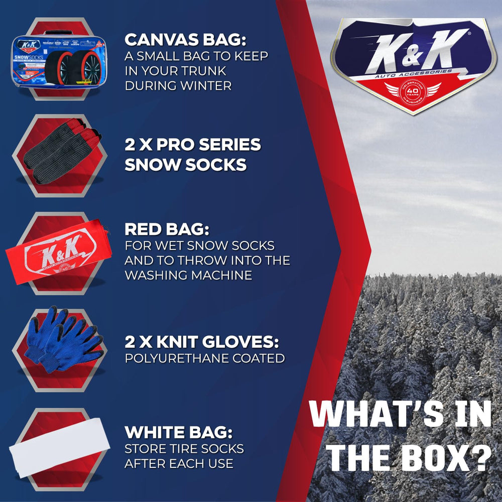 Snowy road scene with KNK Pro Snow Socks in action