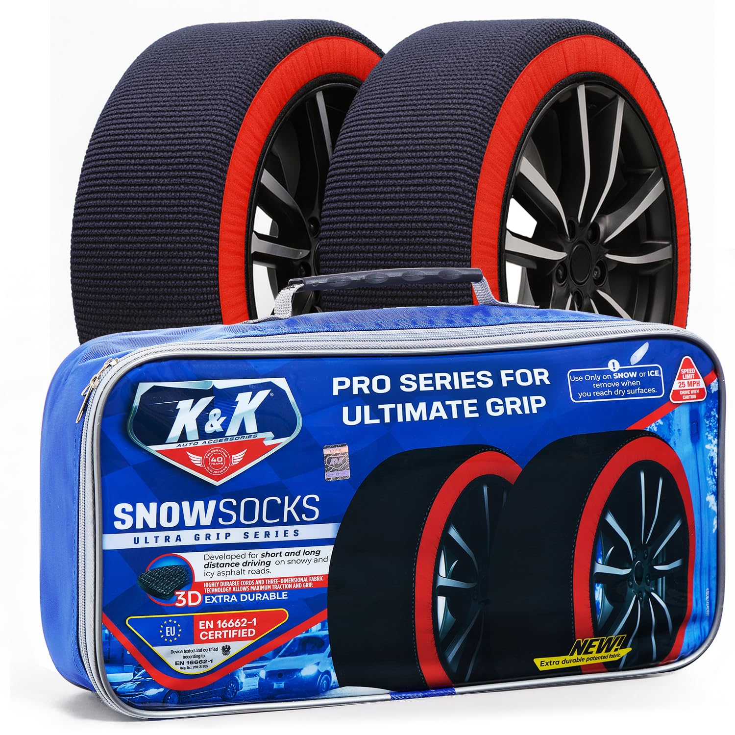 KNK Pro Snow Socks pack with gloves for quick setup