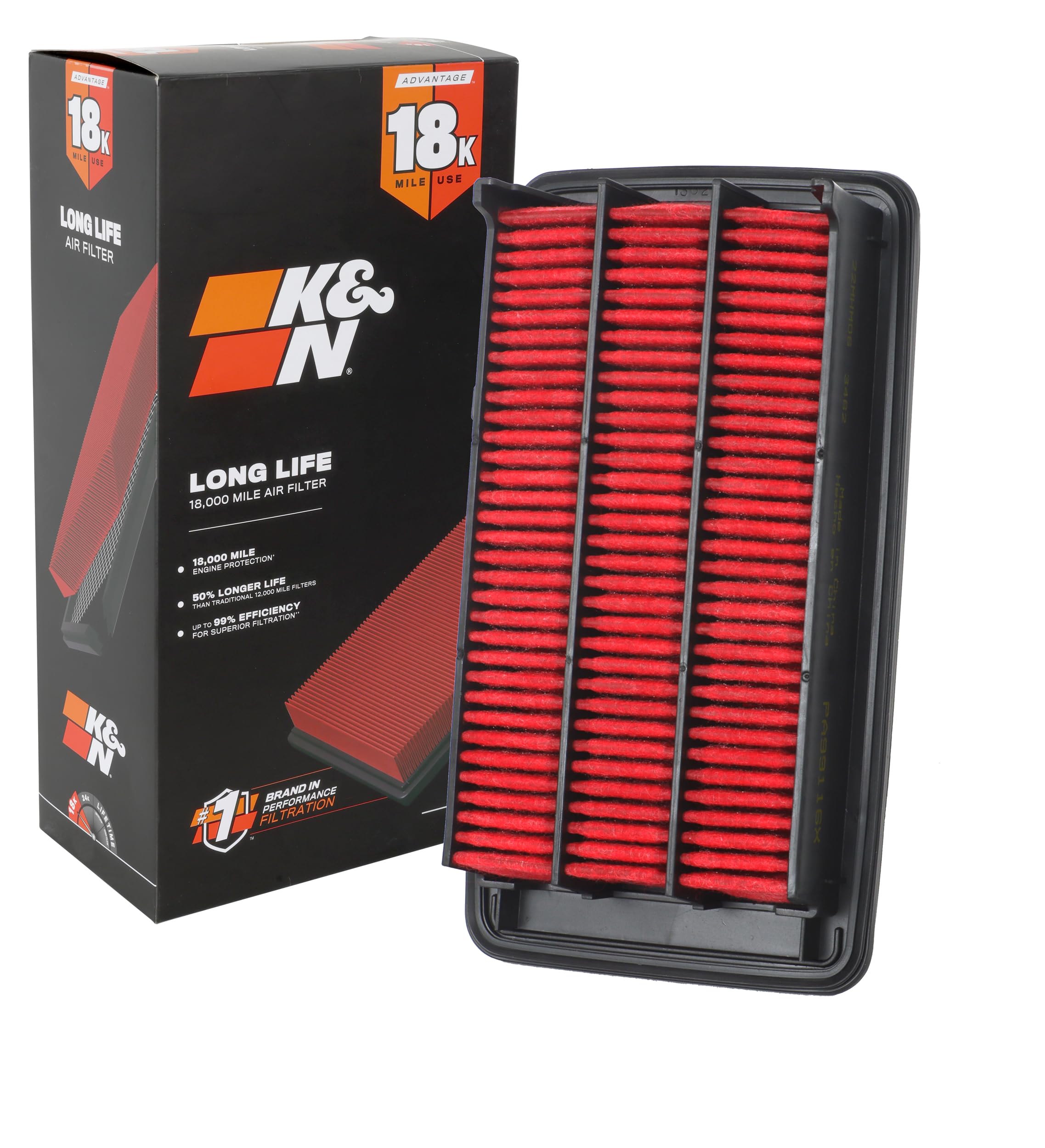 K&N engine air filter packaged for long-life filtration up to 18,000 miles.