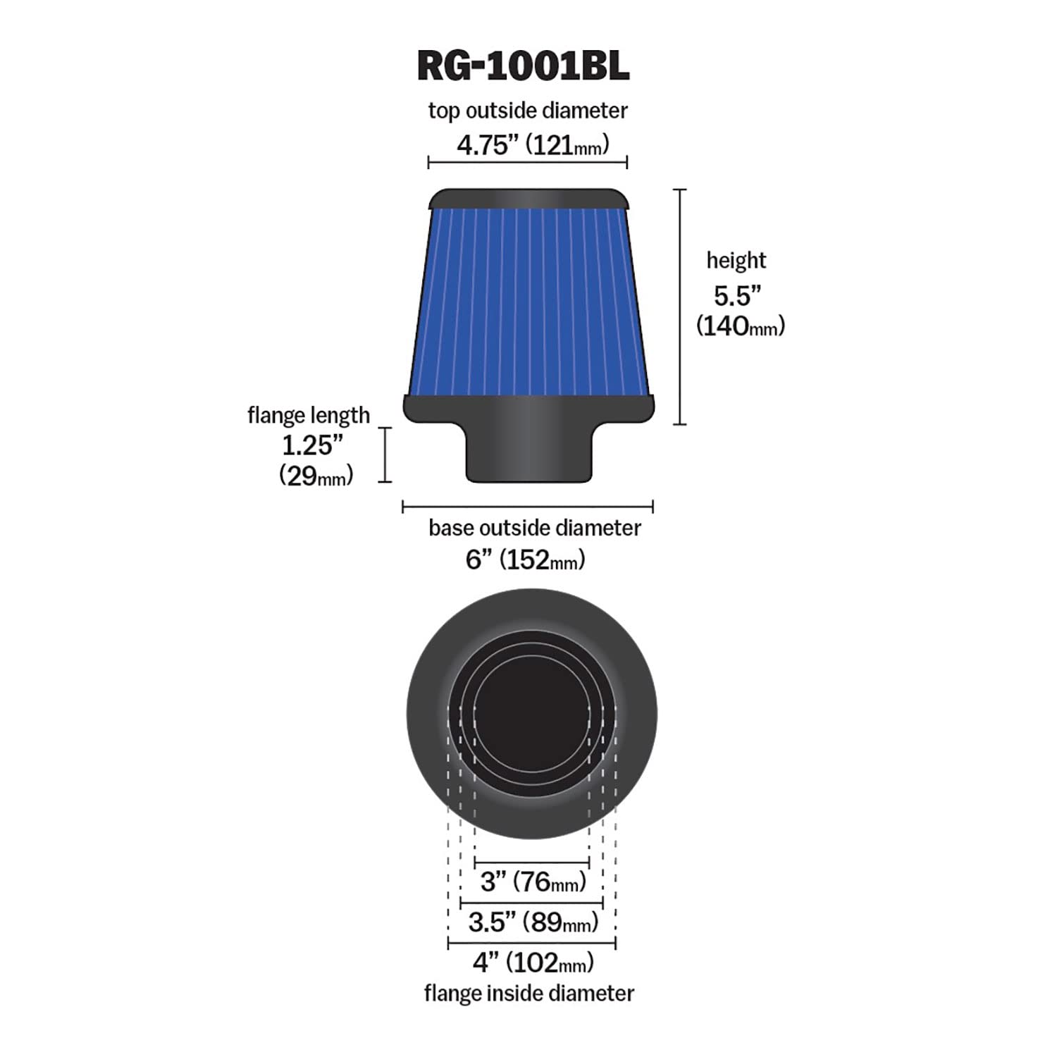 K&N round tapered design supports efficient airflow for potential performance gains.