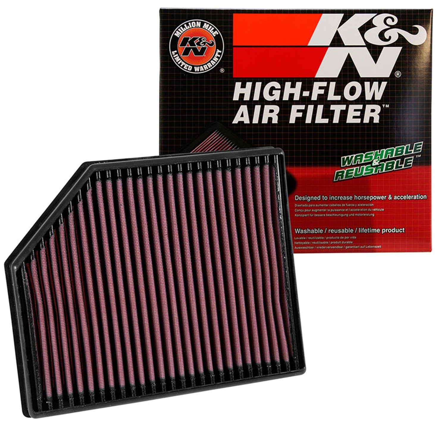 K&N High-Flow air filter close-up showing durable multi-layer media