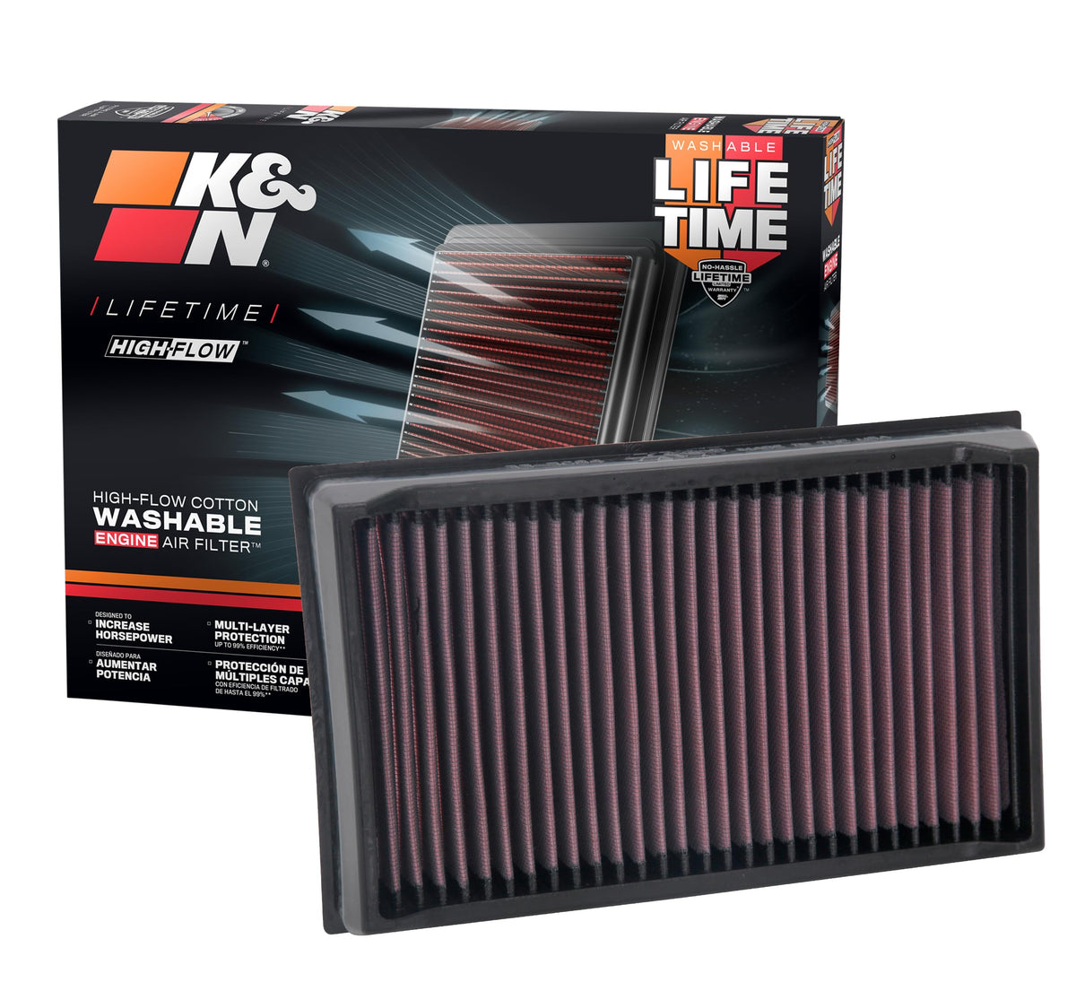 K&N High-Flow air filter front view demonstrates premium media for VW compatibility.