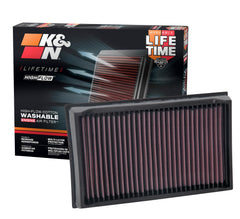 K&N High-Flow air filter front view demonstrates premium media for VW compatibility.