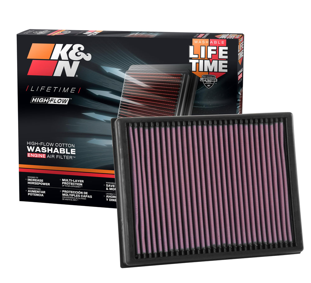 K&N high-flow air filter front view shows premium filtration design for better intake.