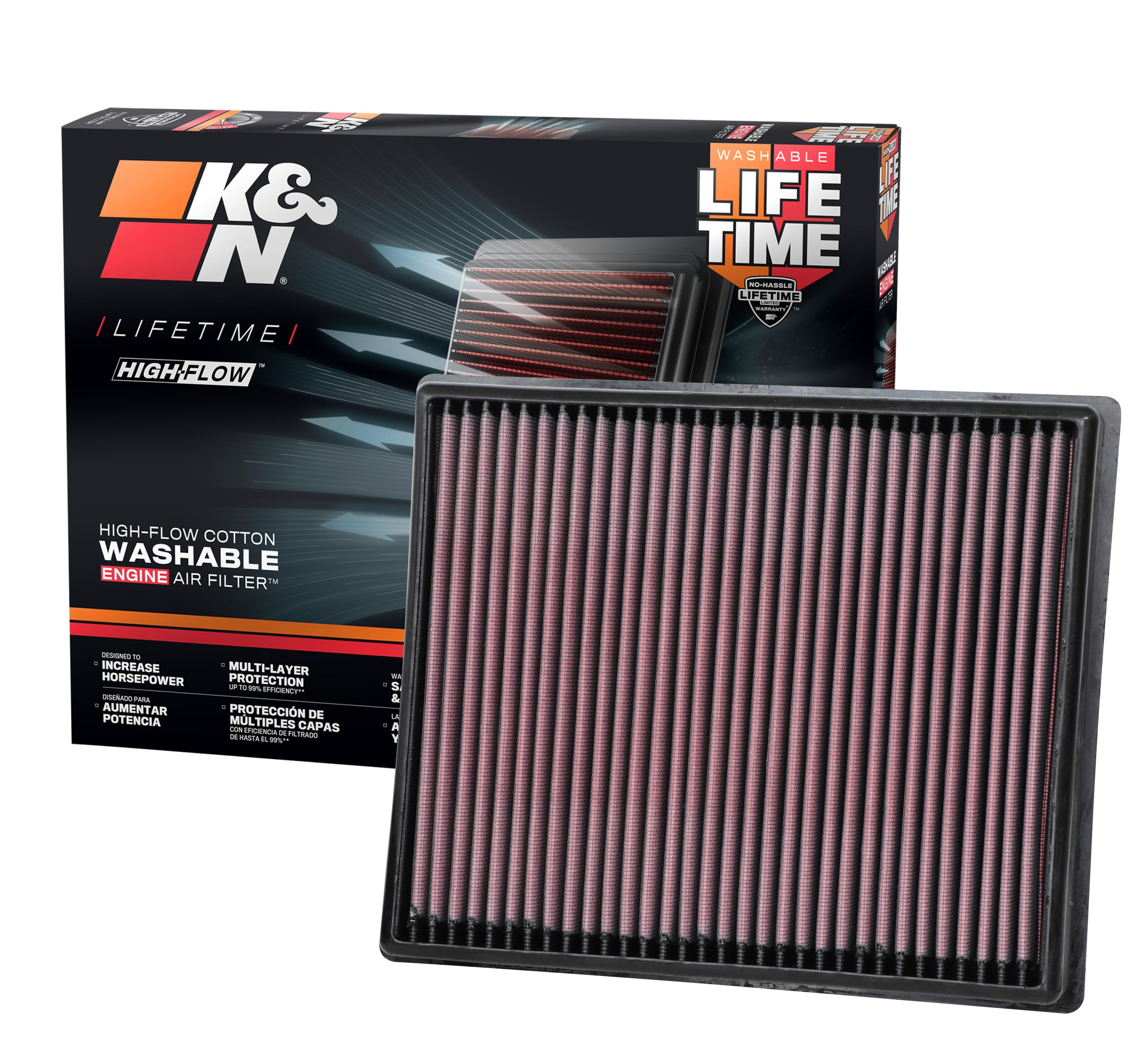 K&N high-flow filter front view boosts engine airflow