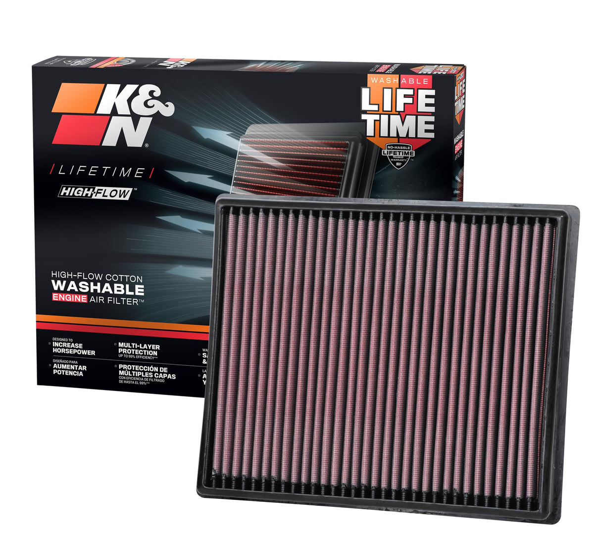 K&N high-flow filter front view boosts engine airflow