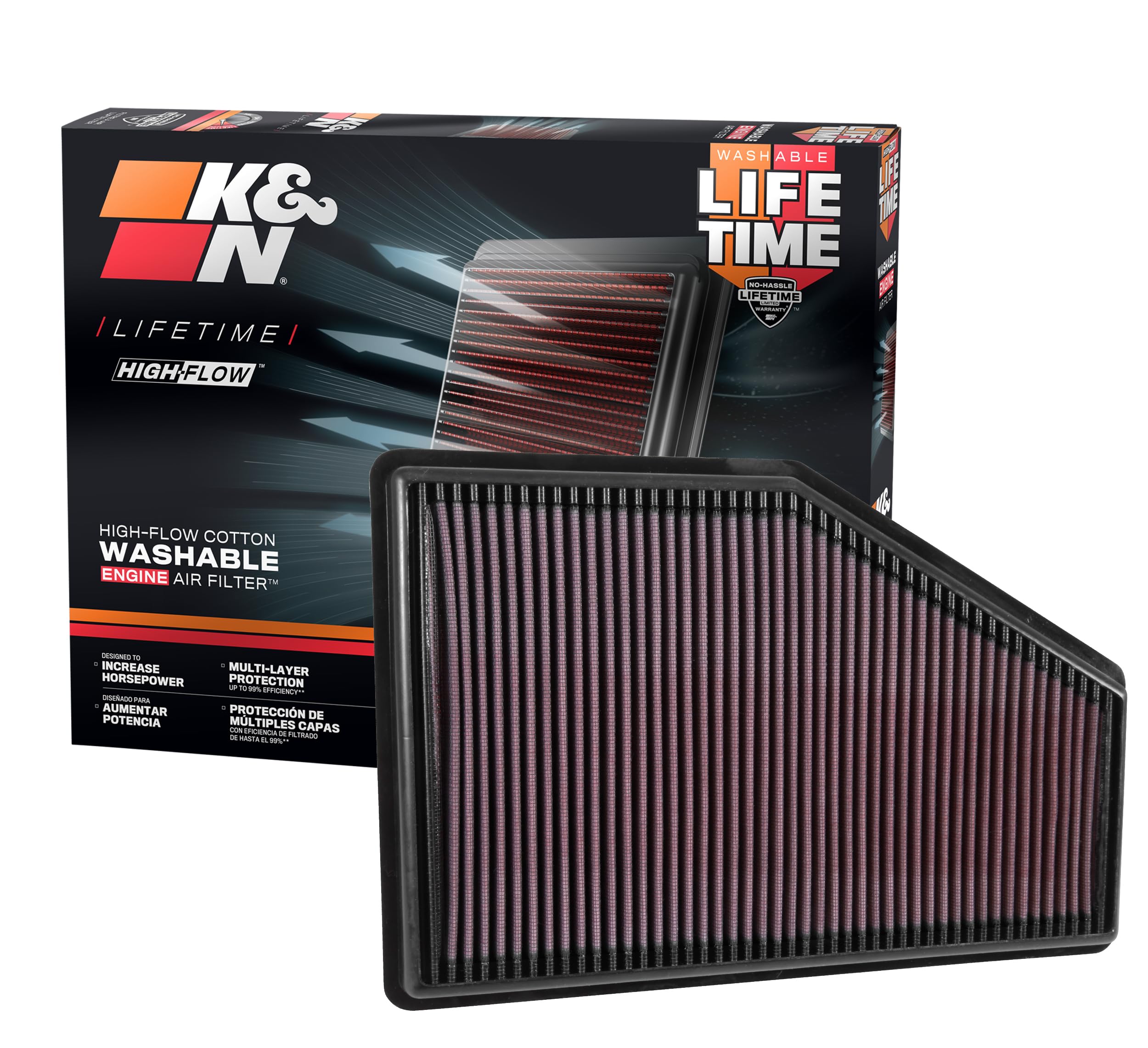 K&N High-Flow air filter for Buick LaCrosse engine bay improves airflow for better performance.