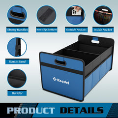 K KNODEL trunk organizer expanded with compartments, blue fabric keeps items visible.