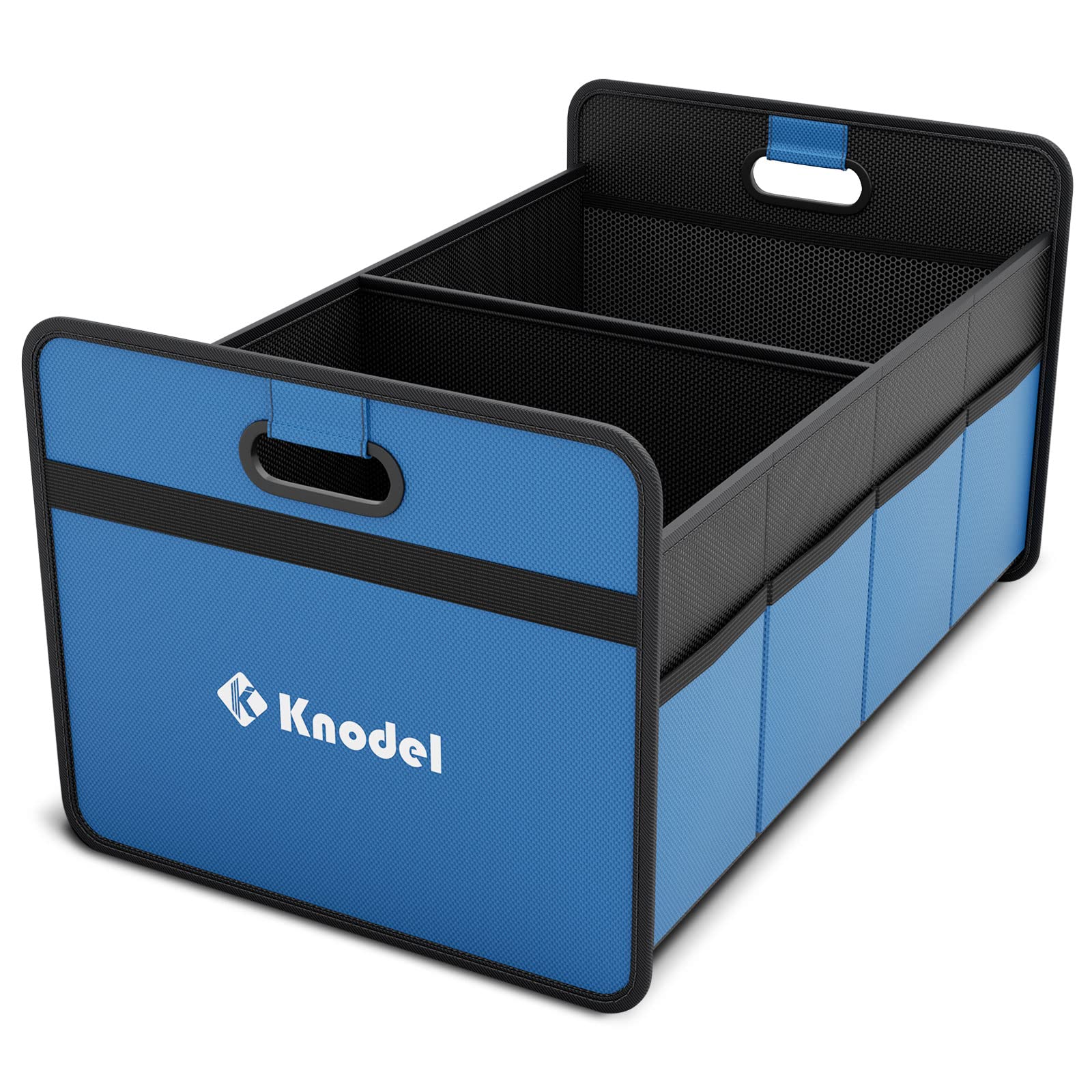K KNODEL car trunk organizer folded in blue, easy to store when not in use.