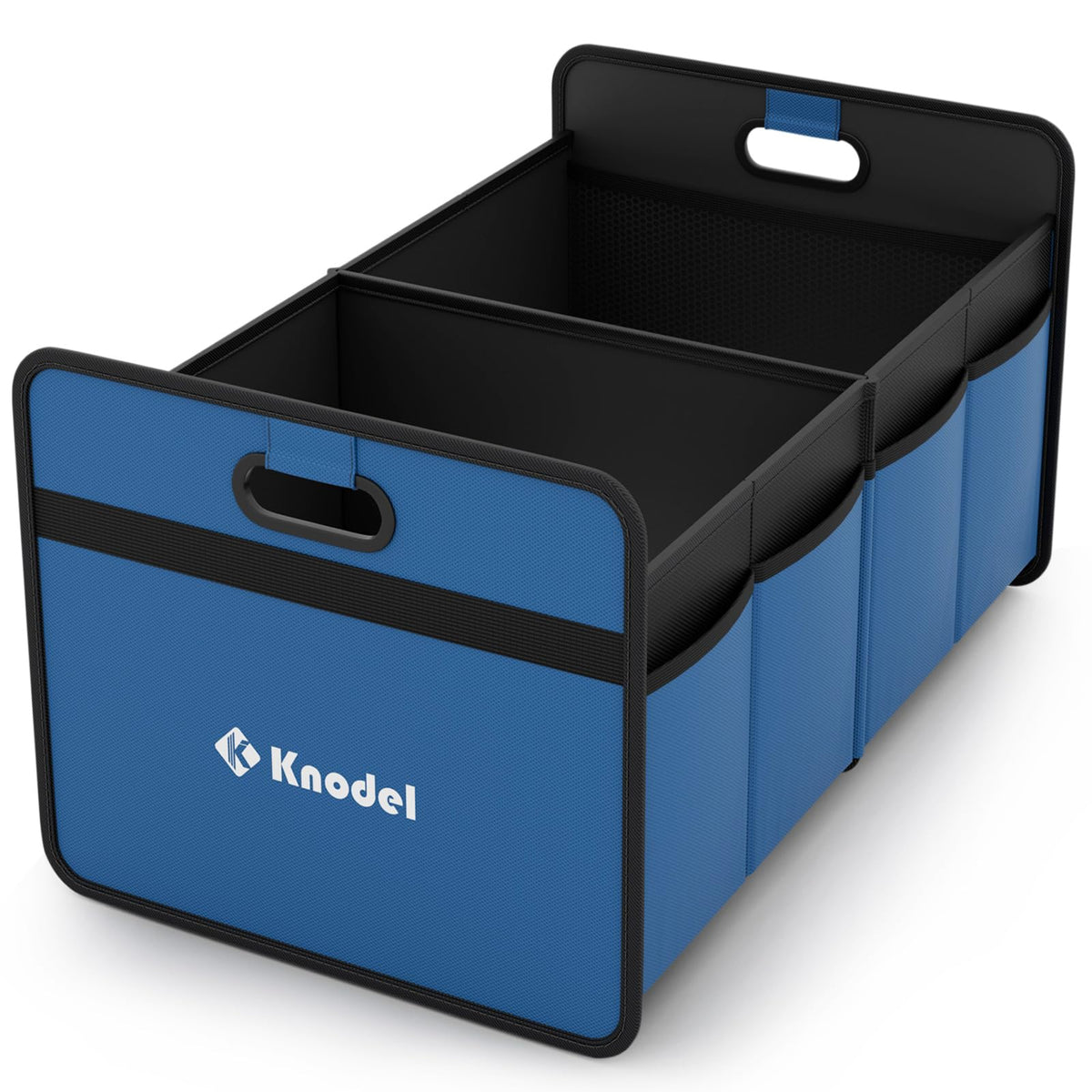 Knodel car trunk organizer in blue folds for easy storage in any vehicle.