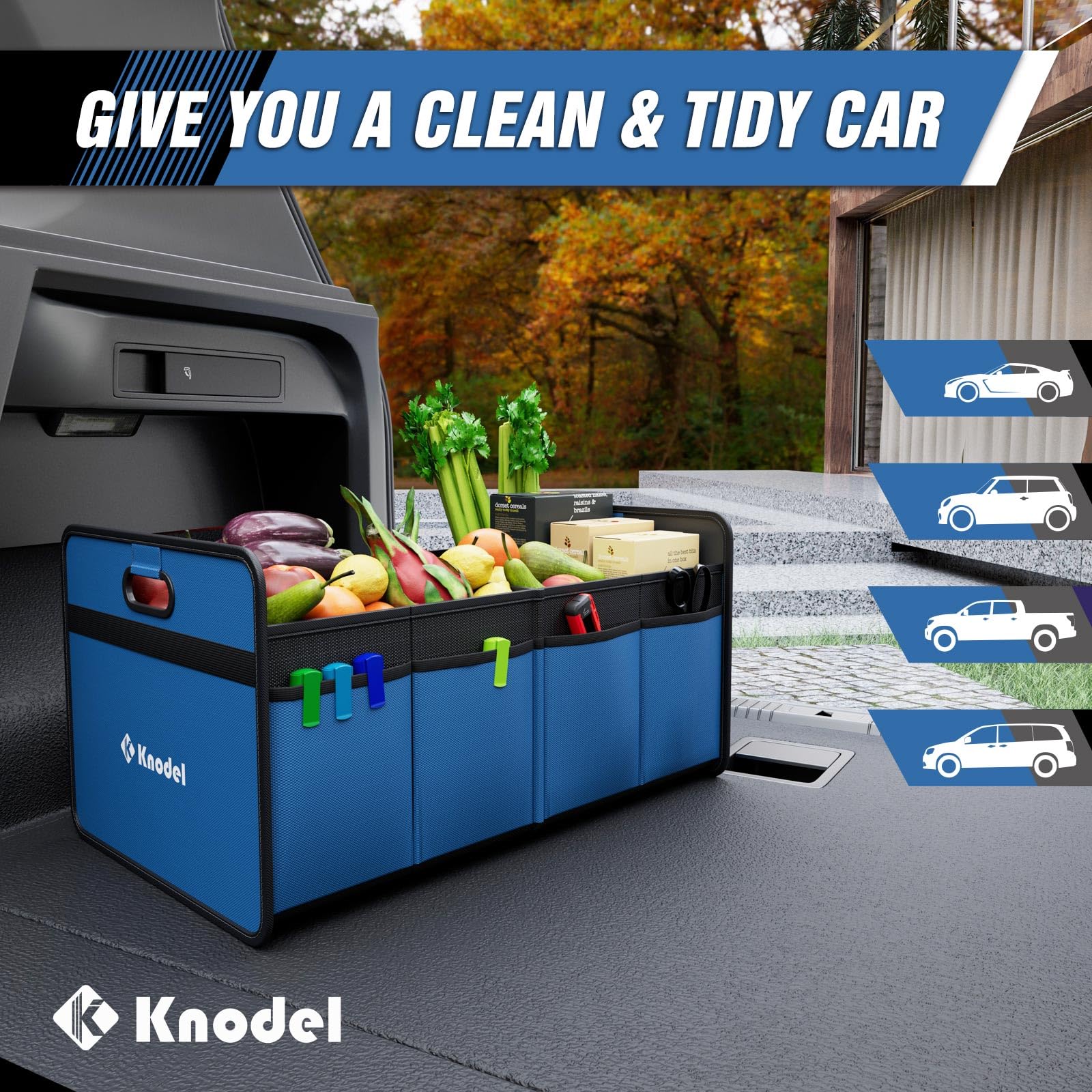 Knodel trunk organizer made with 600D polyester and reinforced handles for durability.