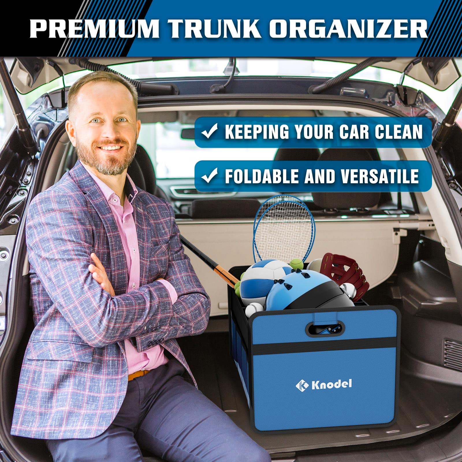 Blue Knodel trunk organizer shows mesh pockets for small items.