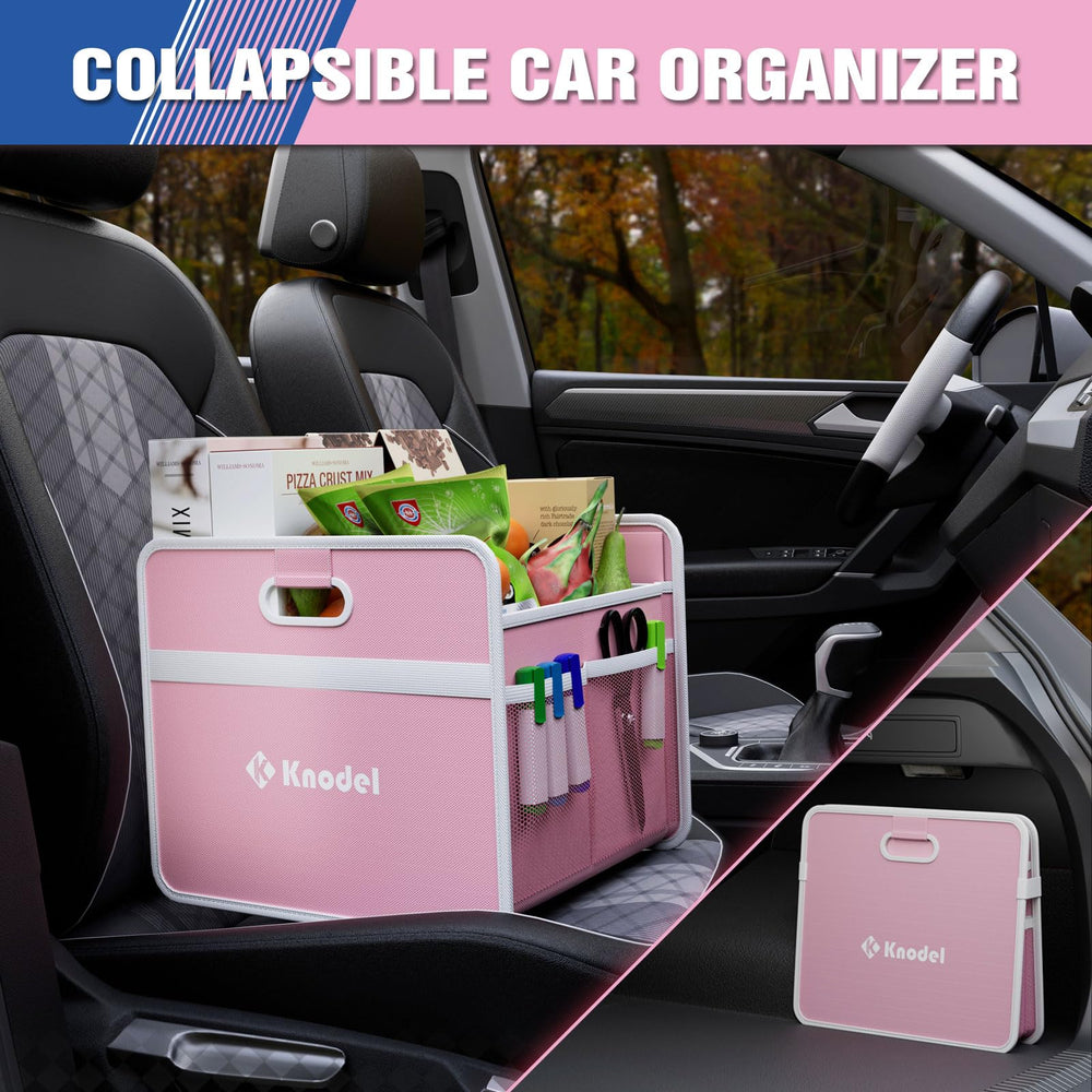 K KNODEL trunk organizer mesh pockets help sort groceries and tools.
