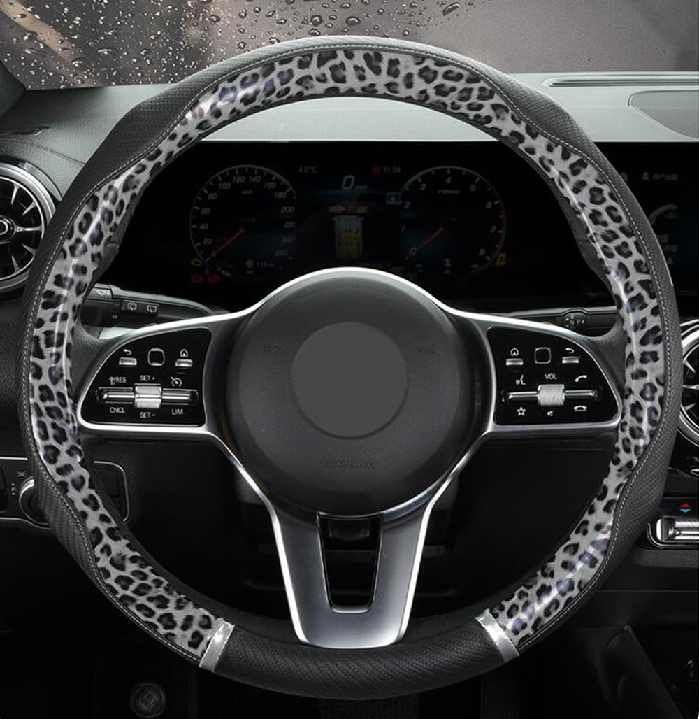 Knonip leopard-gray wood grain steering wheel cover with stylish design and secure grip