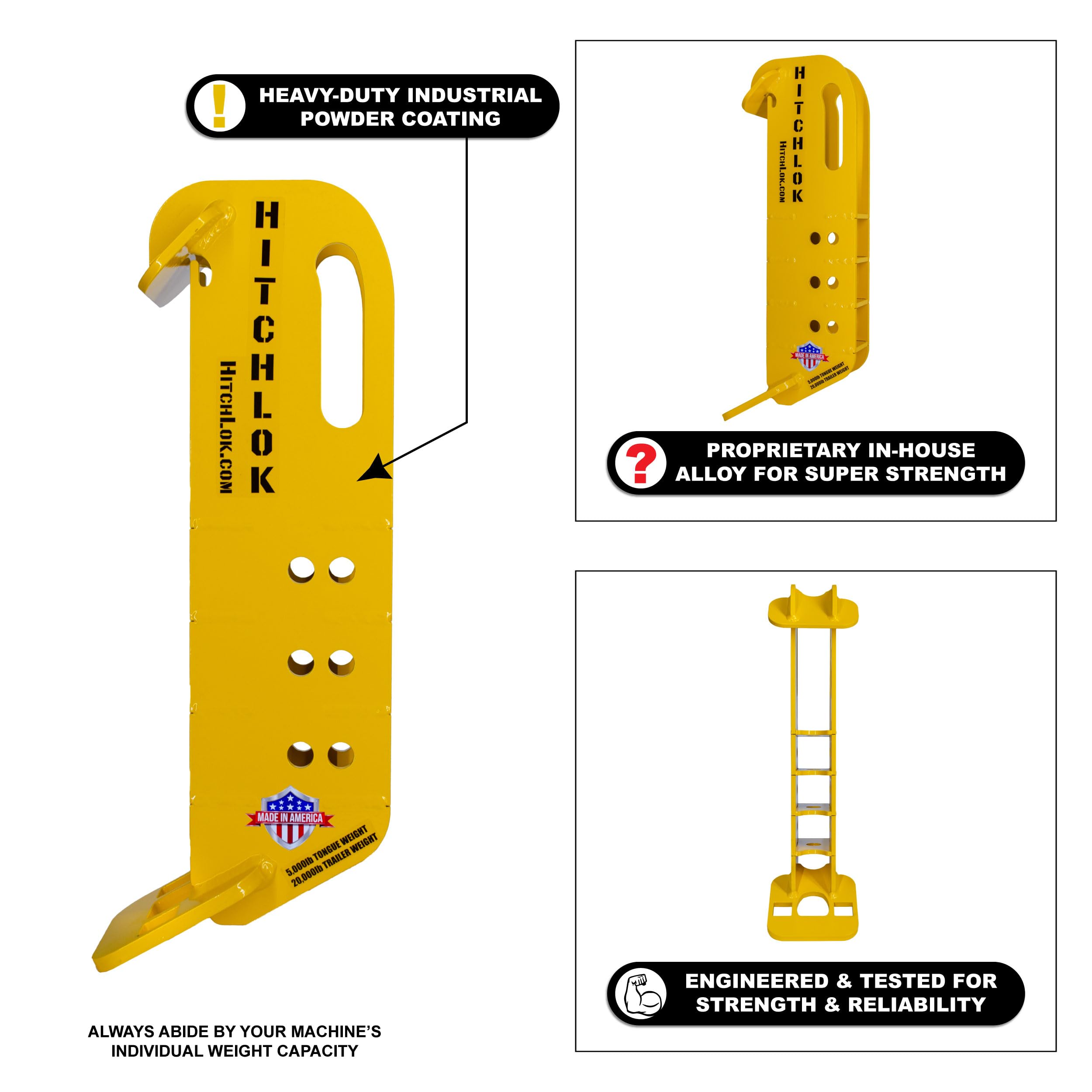 Knox Industrial HitchLok durability closeup emphasizes proprietary alloy strength.