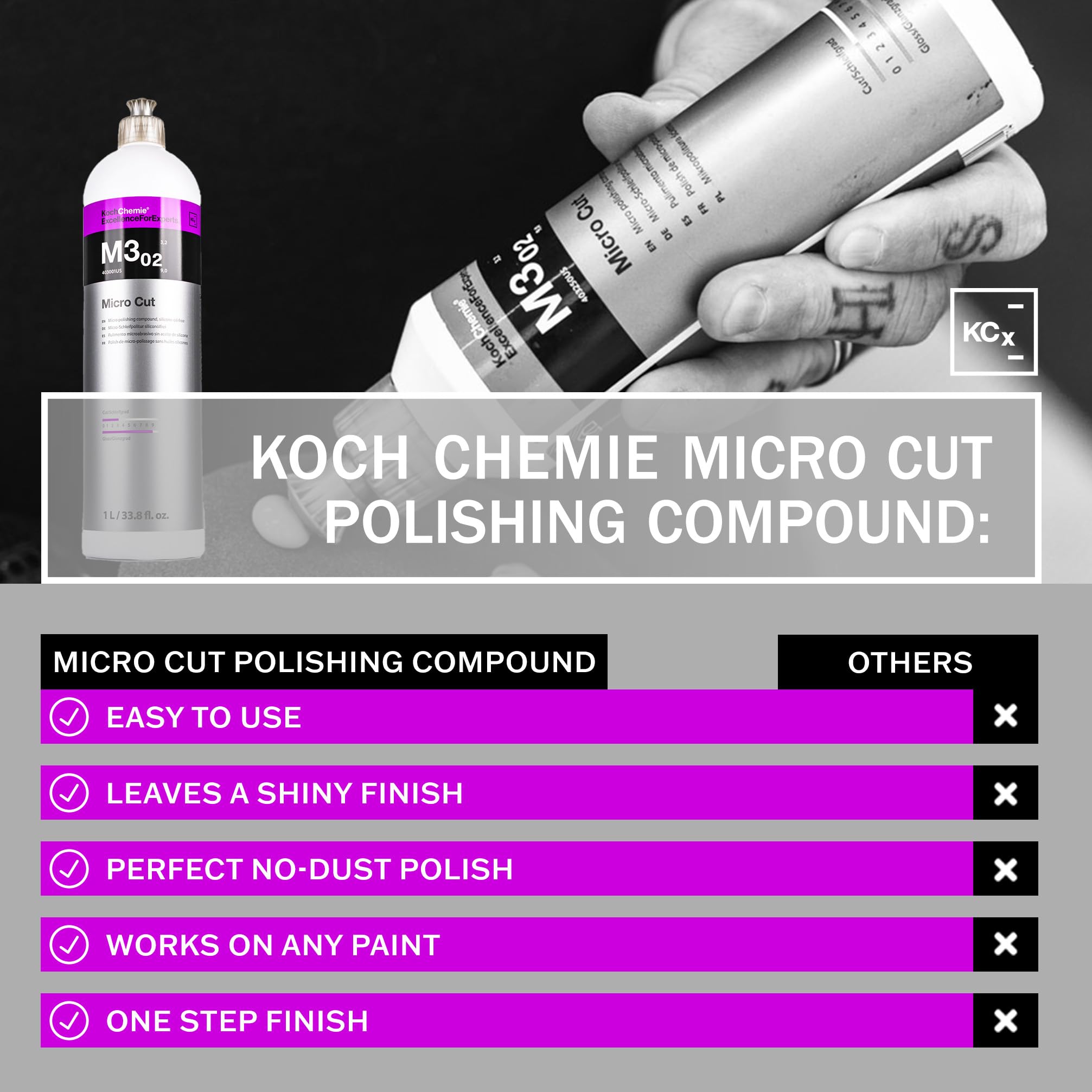 Koch-Chemie Micro Cut hologram removal close-up showing uniform action
