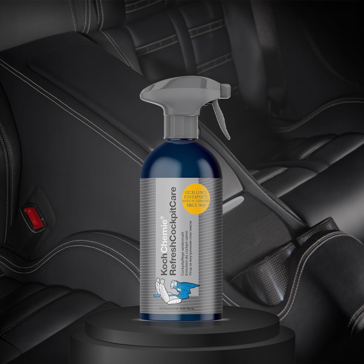 Application on a microfiber sponge for even, streak-free coverage across dashboard plastics.