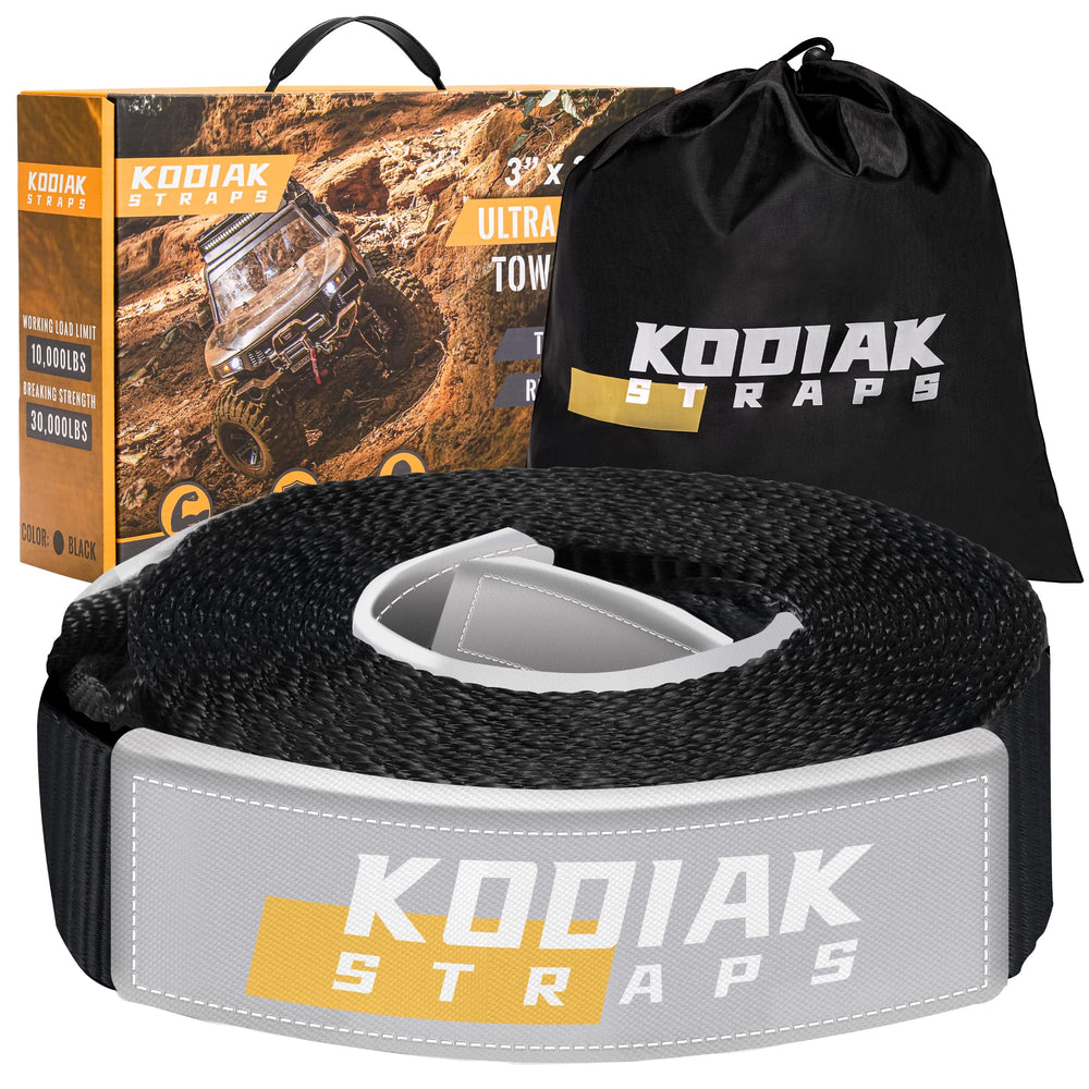 Kodiak Straps tow strap 3in x 30ft with reinforced loops for vehicle recovery.