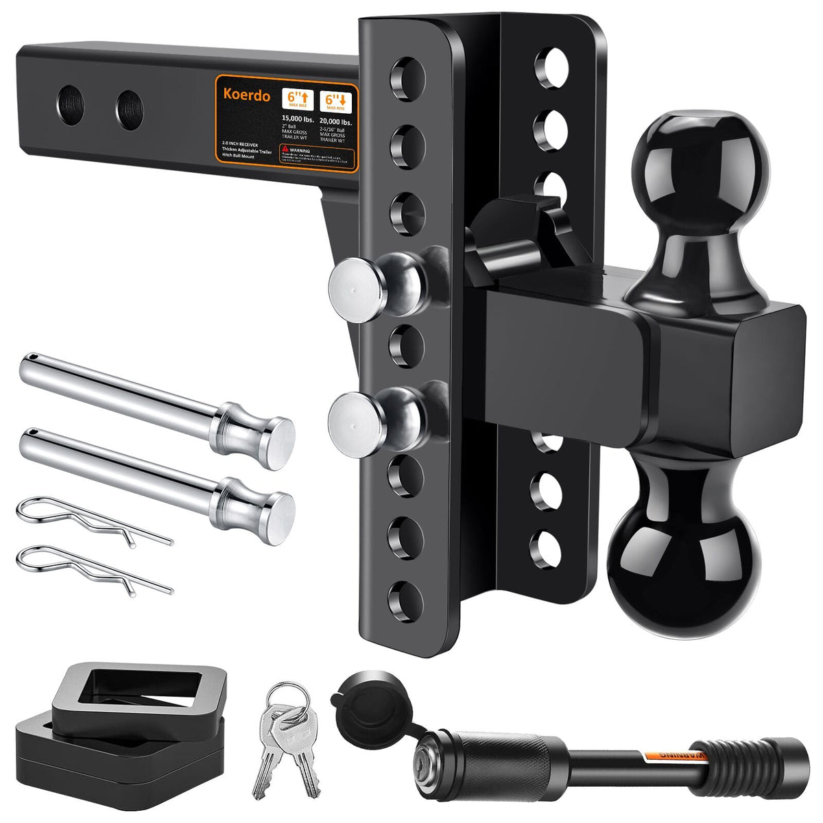 Koerdo adjustable trailer hitch with 2in receiver enables versatile towing.