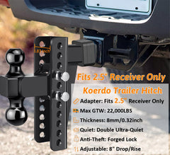 Koerdo trailer hitch displays 8 inch drop rise for level towing across trailers