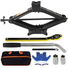 KOERZORE scissor lift jack in use elevating a sedan for tire change