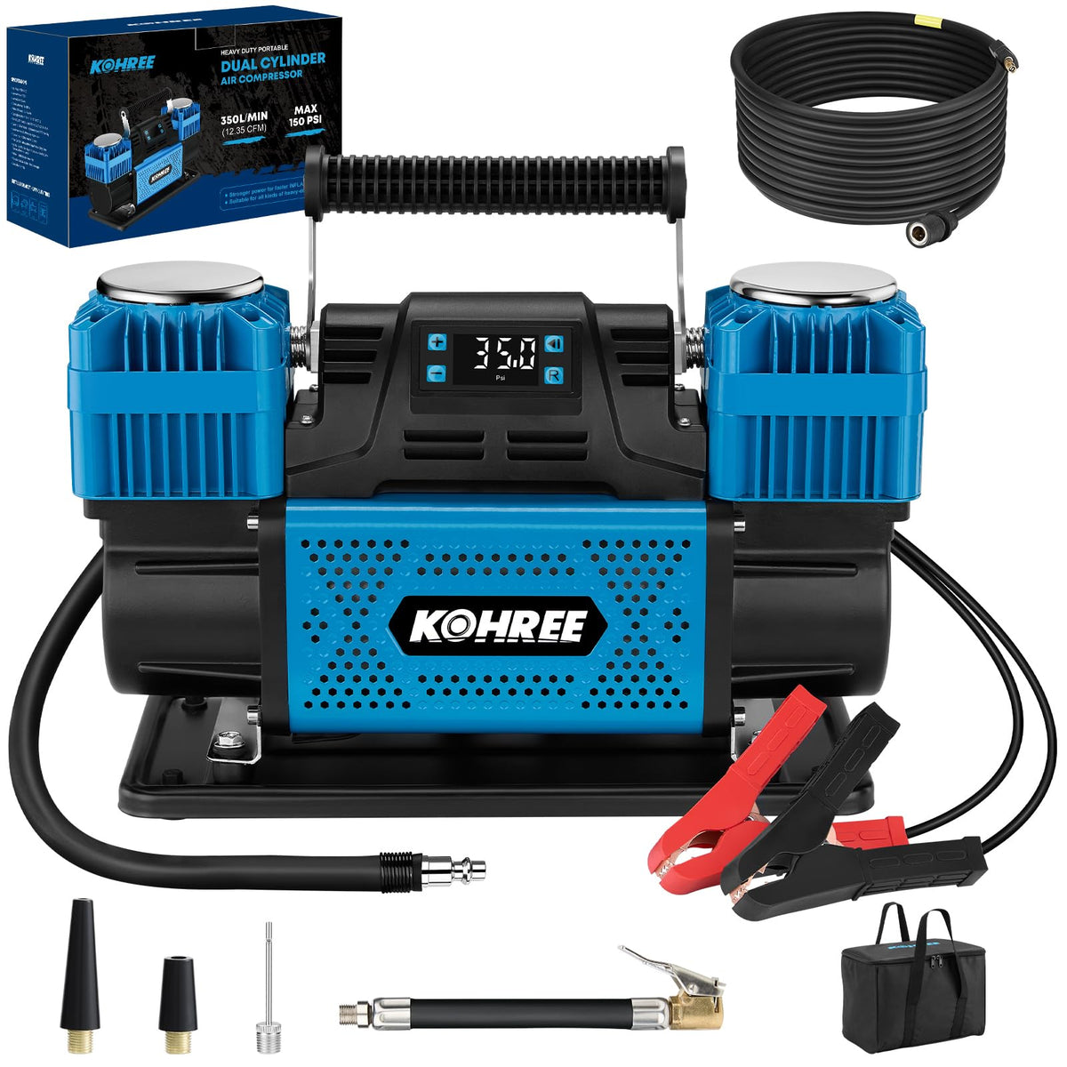Kohree 12V dual-cylinder air compressor with digital display panel for precise pressure control during inflation.