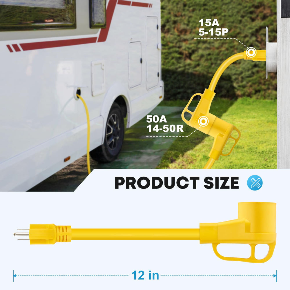 Kohree 15A to 50A adapter connection powers RVs from 120V supplies.